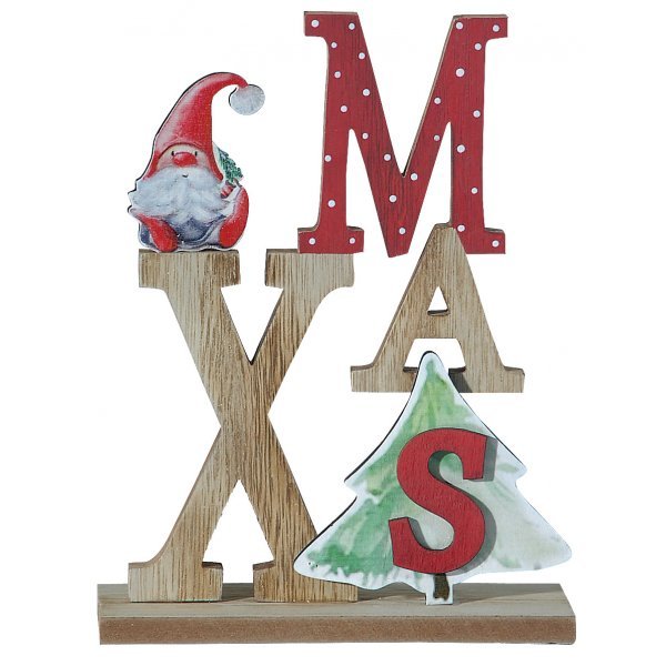 Χριστουγεννιάτικo Ξύλινo "XMAS" με Δεντράκι και Άγιο Βασίλη (21cm)